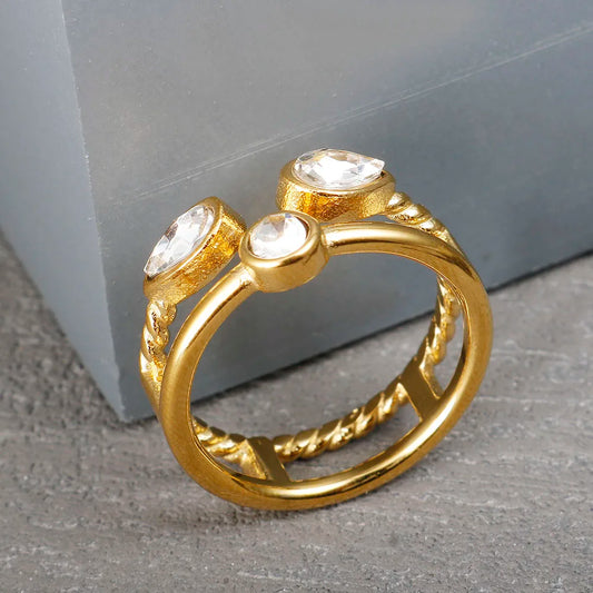 Crystal High End Non Tarnish Fashion Geometric Open Gold Plated Stainless Steel Rings for Women Wedding Ring Jewelry
