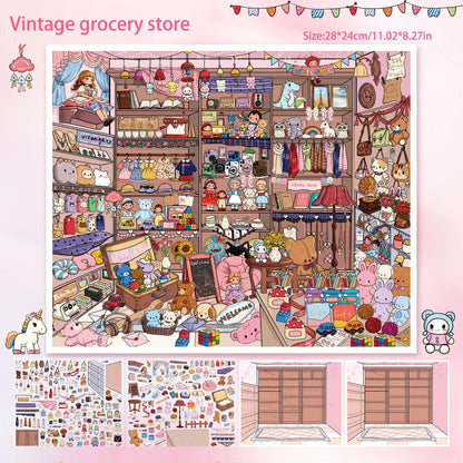 Extra-Large Vintage Grocery Store Scene Stickers, Miniature Stickers for Product Storage Series, 3D DIY Decorative Collage St
