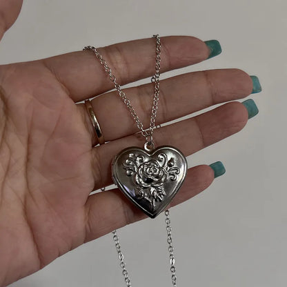 Romantic Heart Locket Pendant Openable Female Silver Color Stainless Steel Photo Frame Charm Necklace for Women Men Jewelry G