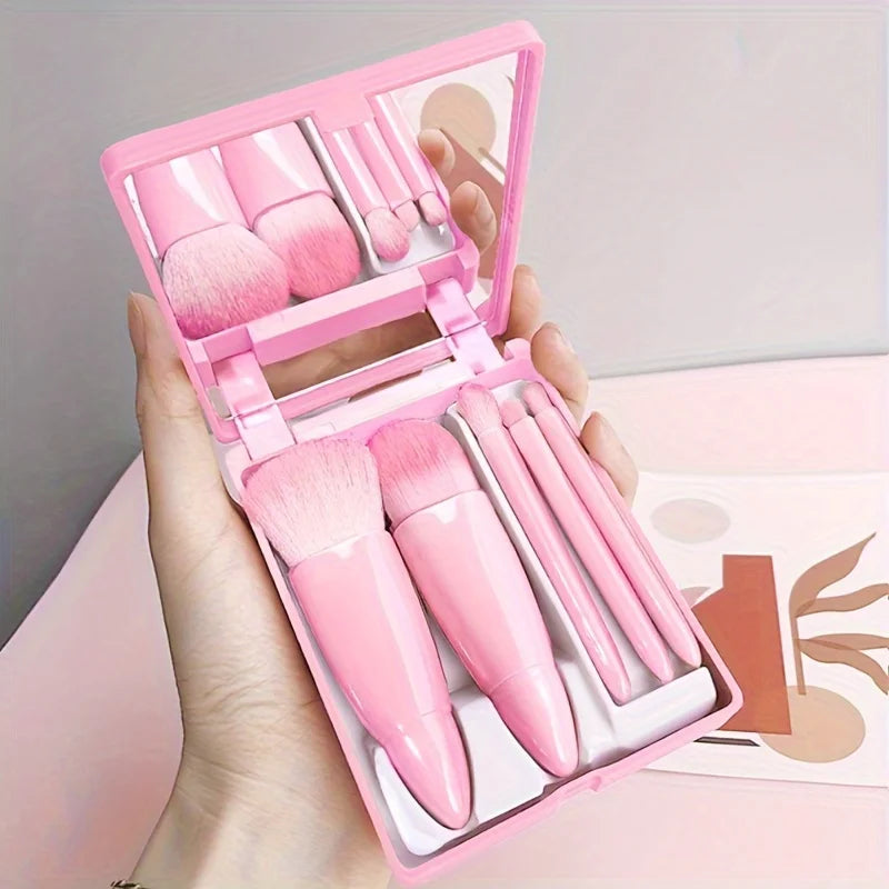 5Pcs Portable Makeup Brush Set With Mirror - Foldable Travel Kit ，Mini Makeup Brush Set Travel Makeup Brush Set