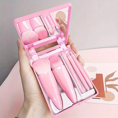 5Pcs Portable Makeup Brush Set With Mirror - Foldable Travel Kit ，Mini Makeup Brush Set Travel Makeup Brush Set