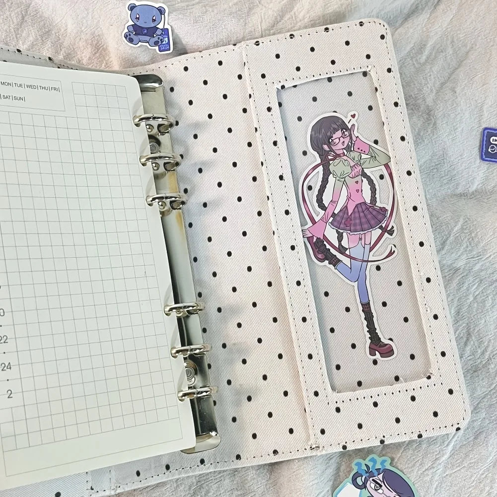 A6 Polka Dot Cloth Binder Notebook 6-Hole Loose Leaf Portable DIY Scrapbook Journal Multi Pocket Photo Album Planner School G