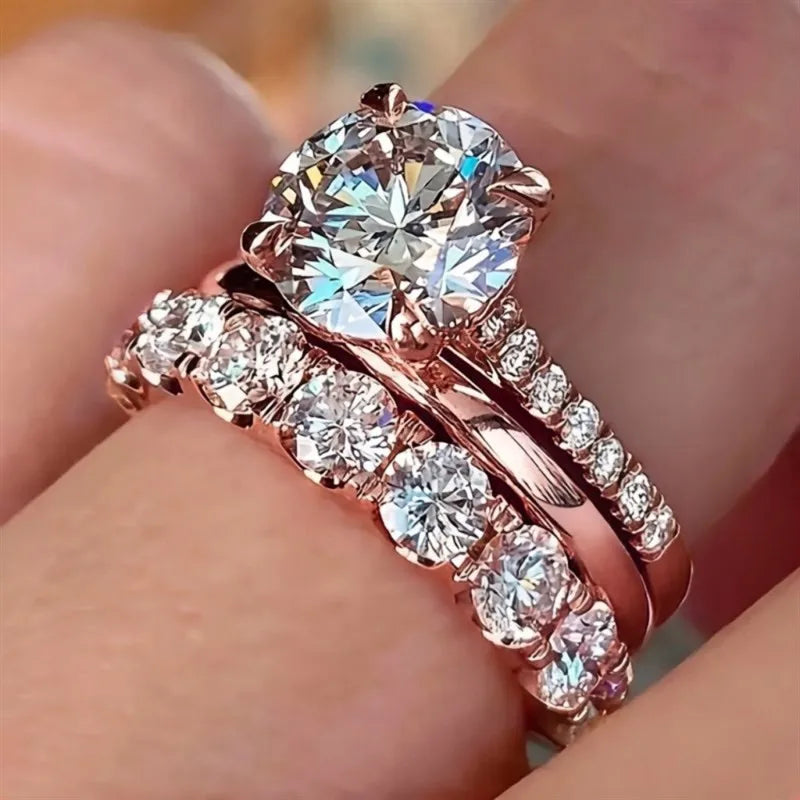 Huitan Gorgeous 3Pcs Set of Rings Female Luxury Shiny Round Zirconia Finger Jewelry Fashion Gold Color Accessories for Weddin
