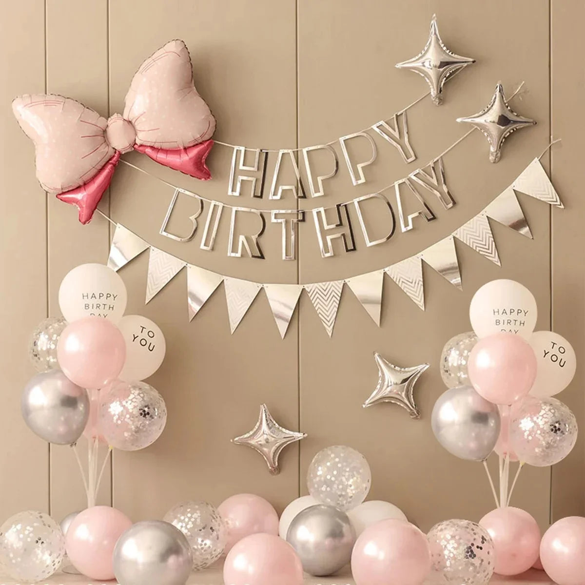 Birthday Party Decorations, 36PCS Pink and Silver Balloon Set, Custom Party Decor, Photo Backdrop Banner, Personalized Birthd