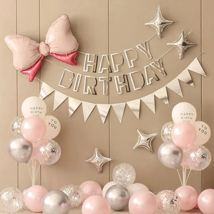 Birthday Party Decorations, 36PCS Pink and Silver Balloon Set, Custom Party Decor, Photo Backdrop Banner, Personalized Birthd