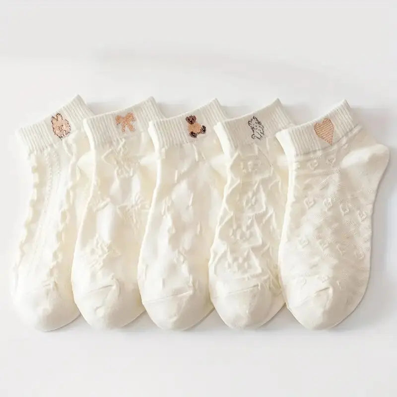 5 Pairs Women Cartoon Patterned Socks Trendy Versatile Breathable Sweat Wicking Deodorizing Antibacterial Comfortable Socks -