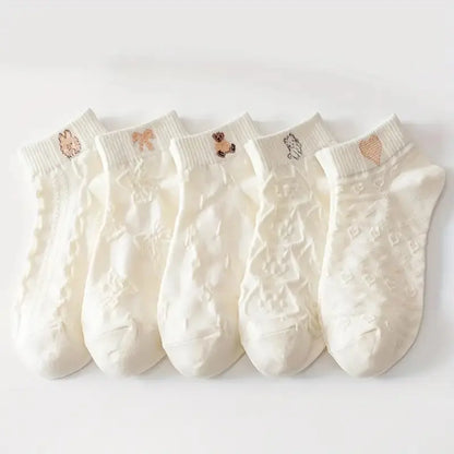 5 Pairs Women Cartoon Patterned Socks Trendy Versatile Breathable Sweat Wicking Deodorizing Antibacterial Comfortable Socks -