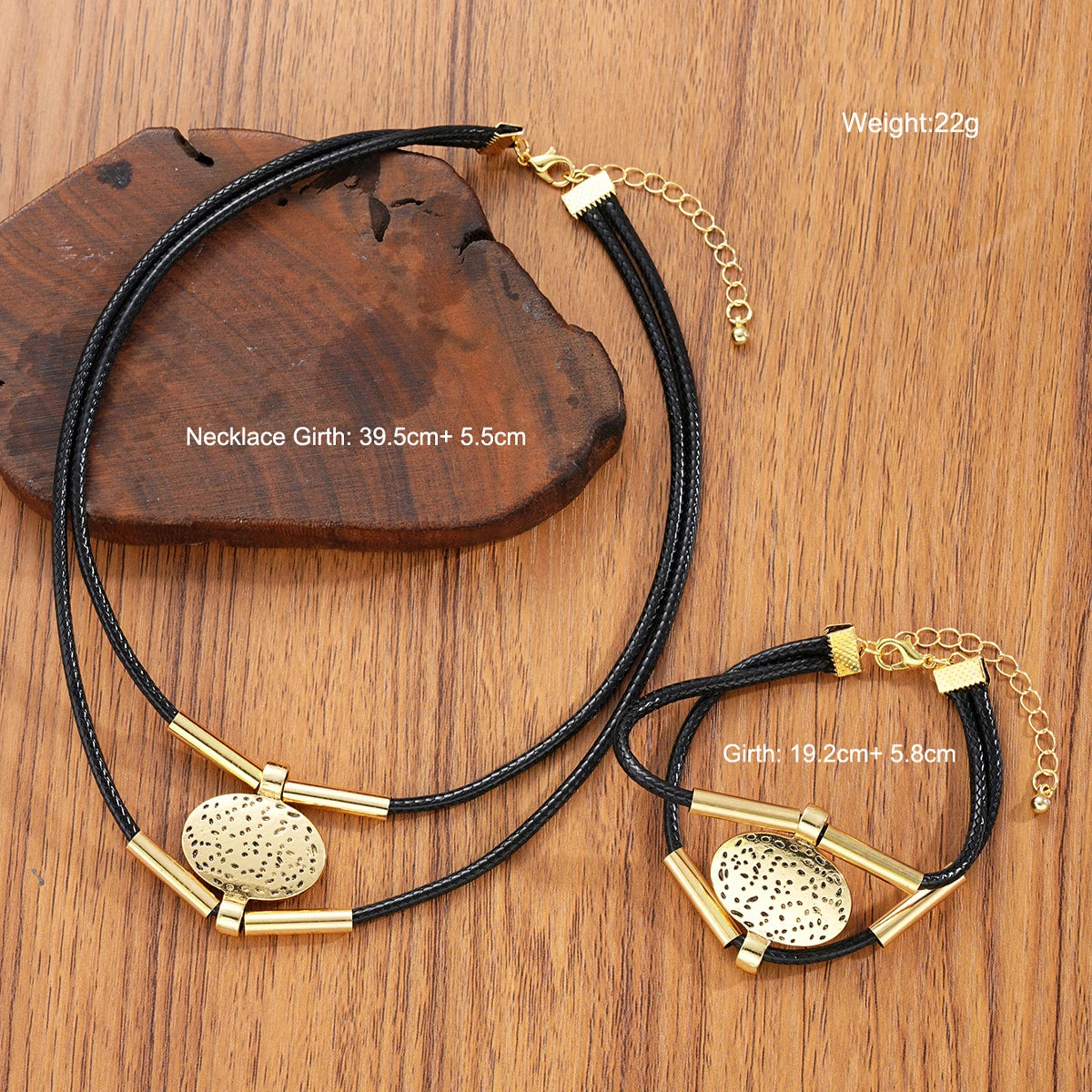 Vintage Oval Metal Faux Leather Necklace Bracelet For Women Fashion Gold Silver Color 2Pcs/Set Double Layered Chain Jewelry S