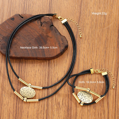 Vintage Oval Metal Faux Leather Necklace Bracelet For Women Fashion Gold Silver Color 2Pcs/Set Double Layered Chain Jewelry S