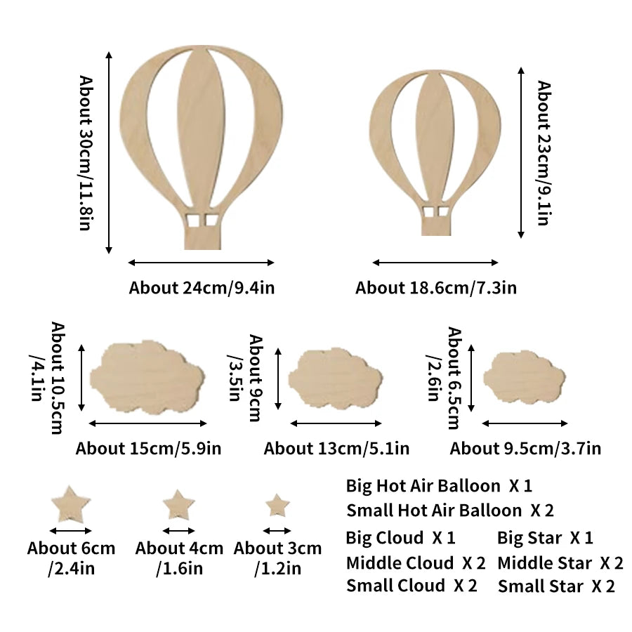 13Pcs Ins Wooden Hot Air Balloon Cloud Star Set Wall Stickers Home Decoration Background Wooden Wall Stickers Holiday Decorat
