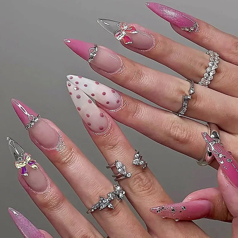 24pcs Long Almond Press on Nails False Nails with Golden Decoration Wearable Stick-on Nails Fake Nail Uñas Накладные Ногти 네일