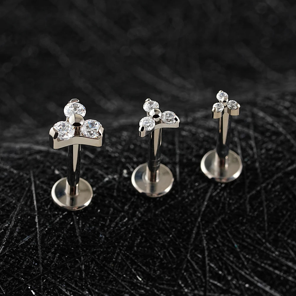 Right Grand ASTM F136 Titanium Tiny Trinity CZ Labret Stud 16G Triple CZ Flower Cartilage Earring Nose Medusa Earlobe Piercin