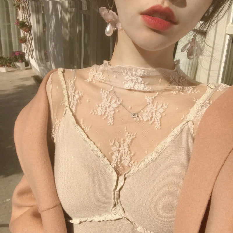Sexy Women Mesh T-Shirts Transparent Lace Blouse Long Sleeve See Through Tops For Women Bottoming Shirt Sheer Tees Body Crop 
