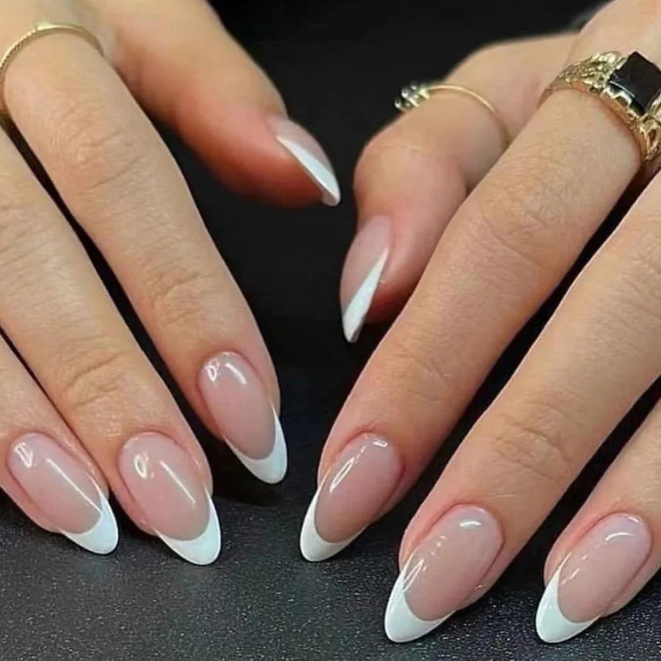 24PCS/ Almond Fake Nails Instantly Upgrade Your Look, Pink and White Set Off by Gold Lines, Simple and Generous, Suitable for