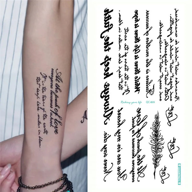 Temporary English Word Tattoo Stickers Black Letters Feather Body Art Tattoos Waterproof Temporary Tattoo On Body For Men Wom