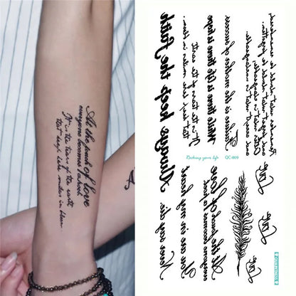 Temporary English Word Tattoo Stickers Black Letters Feather Body Art Tattoos Waterproof Temporary Tattoo On Body For Men Wom
