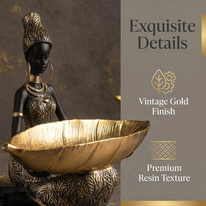 African Girl Holding a Plate Sculpture, Home and Office Decorative Storage Ornament, Vintage Collectible Craft Deskt Decor