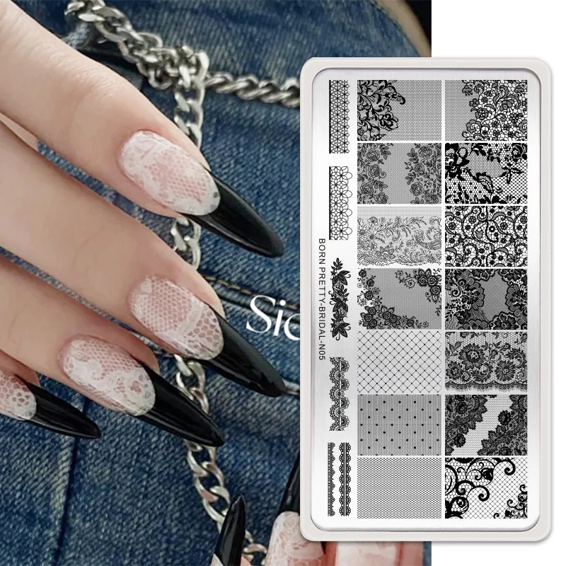 BORN PRETTY Classic Plaid French Nail Stamping Plates Easy Design Flower Leaves Nail Printing Stencil Floral Line Stamp Templ