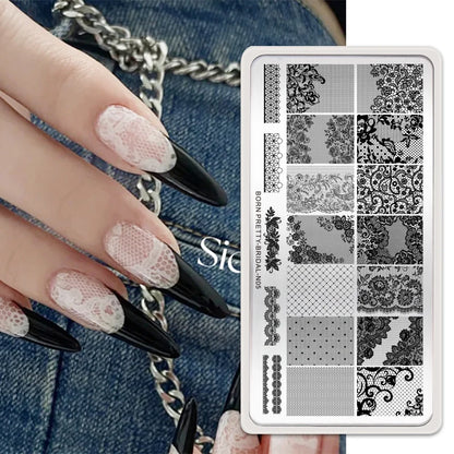 BORN PRETTY Classic Plaid French Nail Stamping Plates Easy Design Flower Leaves Nail Printing Stencil Floral Line Stamp Templ