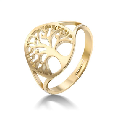 Tree of Life Ring Steel Gold Color Adjustable Finger Rings Jewelry Anniversary Gifts for Women