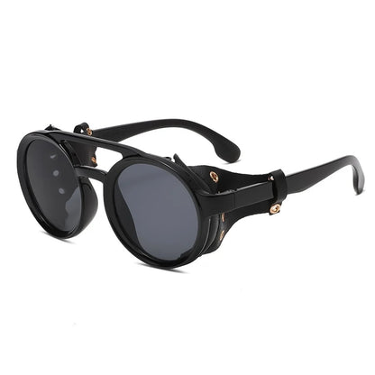 Retro Sunglasses Men Women Leather Round Glasses Vintage Goggles Anti Wind Outdoors Sports Sun Glasses UV400 - Black