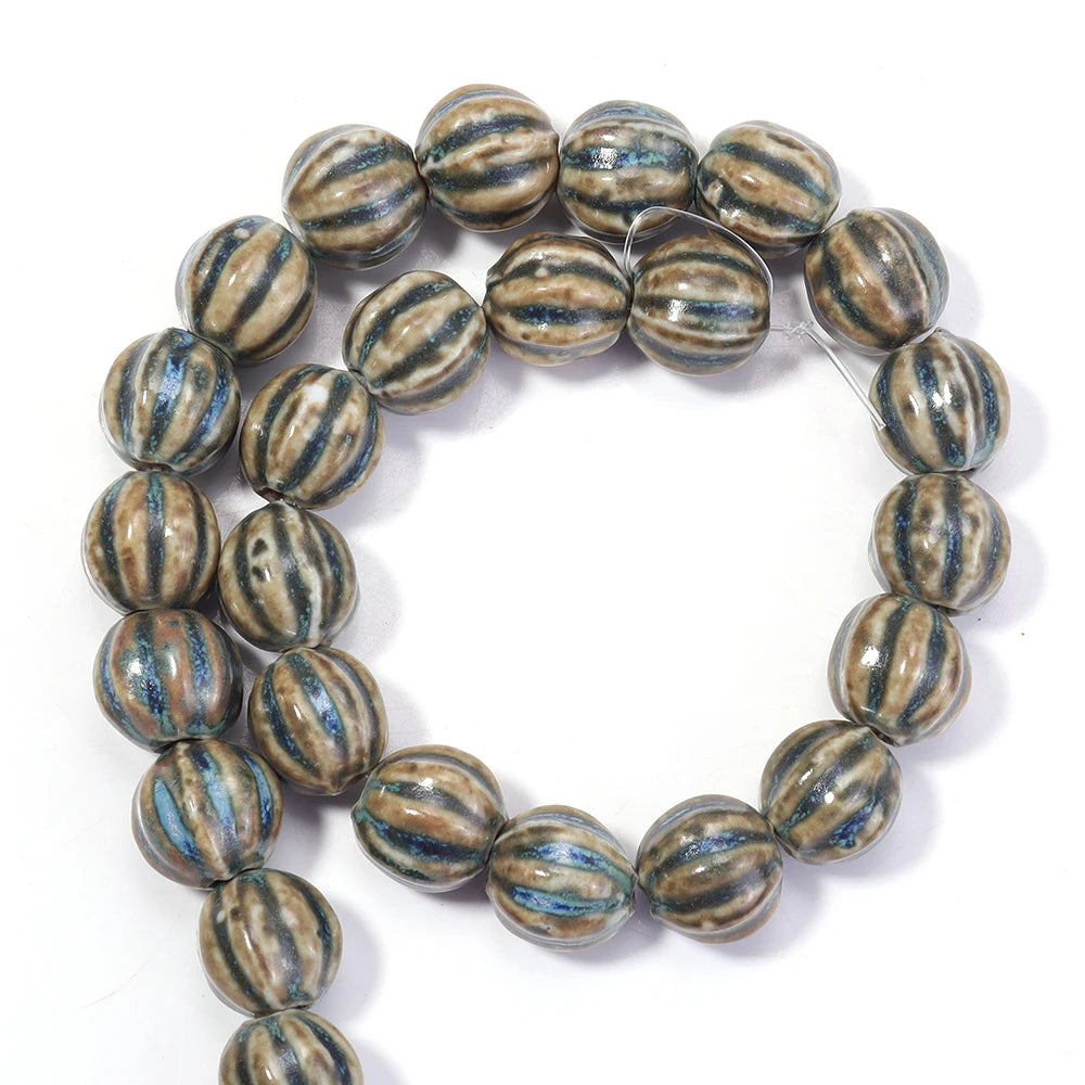 1 Strand Pumpkin Shape Stripe Ceramics Beads Colorful Floral Glaze Beads for Jewelry Making DIY Loose Spacer Beads Accessorie