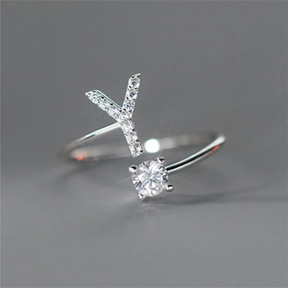 Zircon Initial A-Z Letter Ring For Women Metal Adjustable Opening Ring Name Alphabet Female Wedding Gift Anillos Mujer - Y