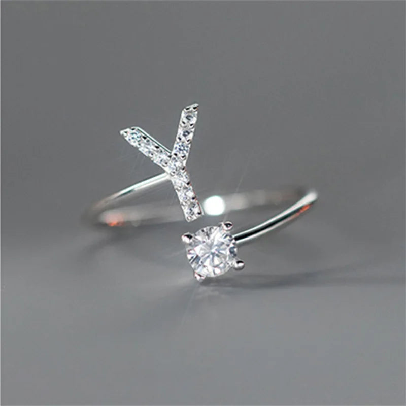 Zircon Initial A-Z Letter Ring For Women Metal Adjustable Opening Ring Name Alphabet Female Wedding Gift Anillos Mujer