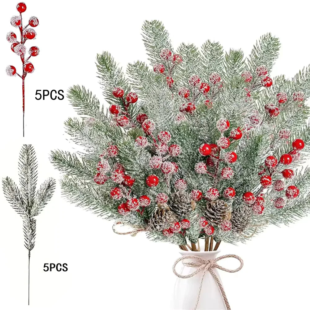 10Pcs Christmas Decoration Artificial Pine Branches Holly Berries Red Berry Branches for Christmas Tree Wreath Gifts Decorati