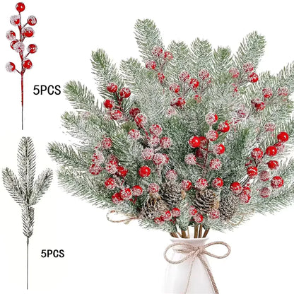 10Pcs Christmas Decoration Artificial Pine Branches Holly Berries Red Berry Branches for Christmas Tree Wreath Gifts Decorati