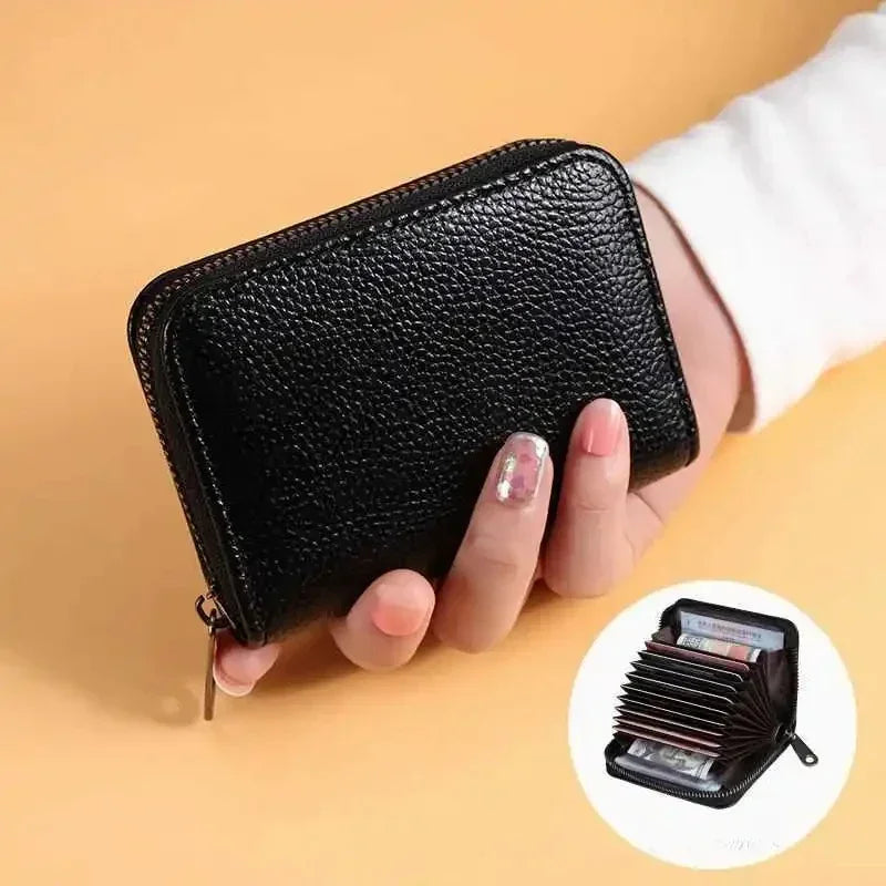 Multi Slot Card Holder Vintage Small Wallet Women Men Business Bank Credit Card Bag Male Coin Pouch Solid Leather Zipper Wall