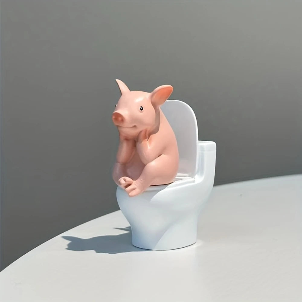 Cute Pig Sitting on Toilet — Pvc Bathroom Statue, Tabletop or Wall-Mount Decor — Father's Day Gift for Home & Office