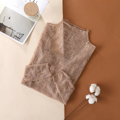 Sexy Women Mesh T-Shirts Transparent Lace Blouse Long Sleeve See Through Tops For Women Bottoming Shirt Sheer Tees Body Crop 