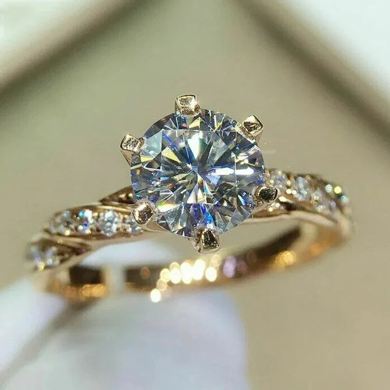 Huitan Classic 6 Claw Cubic Zirconia Rings for Women Luxury Gold Color Wedding Engagement Bands Eternity Lady Jewelry