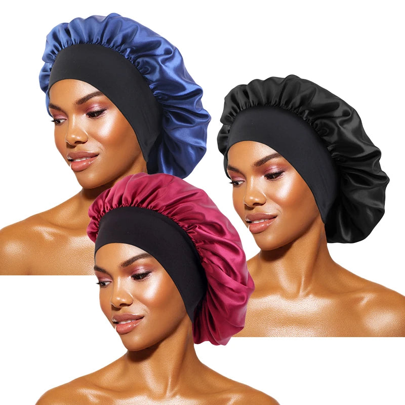 Women's Satin Solid Bonnets Wide-brimmed Night Sleeping Bathing Hat Unisex Head Wrap Elastic Band Cap Hair Care Bonnet - BK N