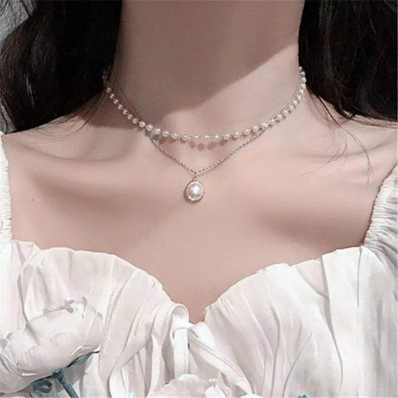 New Korean Pearl Necklaces for Women Gold Color Link Chain Choker Fashion Neck Accessories Elegant Collar Bijoux Femme