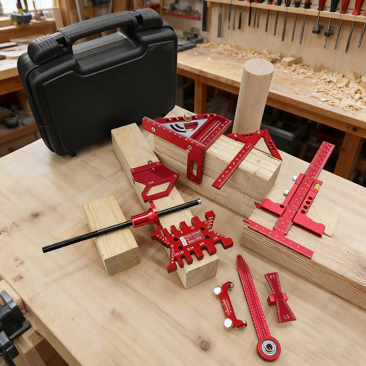 Woodworking Project Combination Set with Box, Including Triangle Ruler, Scriber, Tenon Gauge, Dovetail Gauge, Positioning Cla