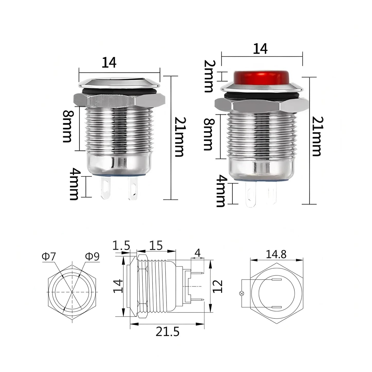 12mm Metal Button Switch Waterproof 1NO 3A High Head Momentary Suitable for doorbells Car start horns Computer Automatic Rese