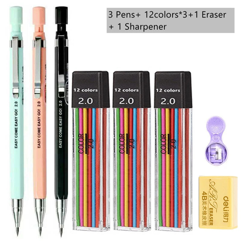 Mechanical Pencil Set 2.0 mm with 2B Black/Colors Lead Refill For Writing Sketching Art Drawing Painting School Automatic Pen