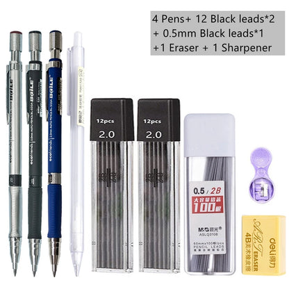Mechanical Pencil Set 2.0 mm with 2B Black/Colors Lead Refill For Writing Sketching Art Drawing Painting School Automatic Pen