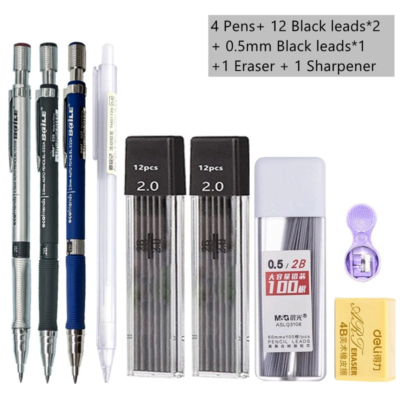 Mechanical Pencil Set 2.0 mm with 2B Black/Colors Lead Refill For Writing Sketching Art Drawing Painting School Automatic Pen