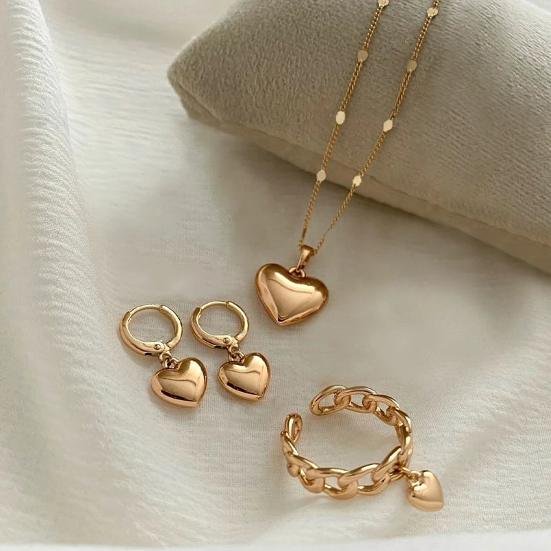 4Pcs/Set Vintage Love Heart Pendant Necklace Ring Hoop Earring for Women Simple Gold Color Smooth Jewelry Set Elegant Party G