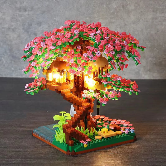Sakura Tree Micro Blocks with LED Lights - Cherry Blossom Treehouse Model, 3D Romantic Night Glow Decor, Thoughtful Gift for 