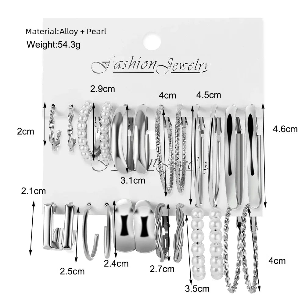 Vintage Silver Color Y2K Pearl Earrings for Women Geometry Round Circle Square Hoop Earring Set Fashion Female Jewelry Access