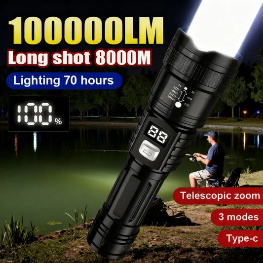 100000LM Super Bright Flashlight Rechargeable LED Torch Long Range Tactical Lamp for Outdoor Waterproof Camping Fishing Lante