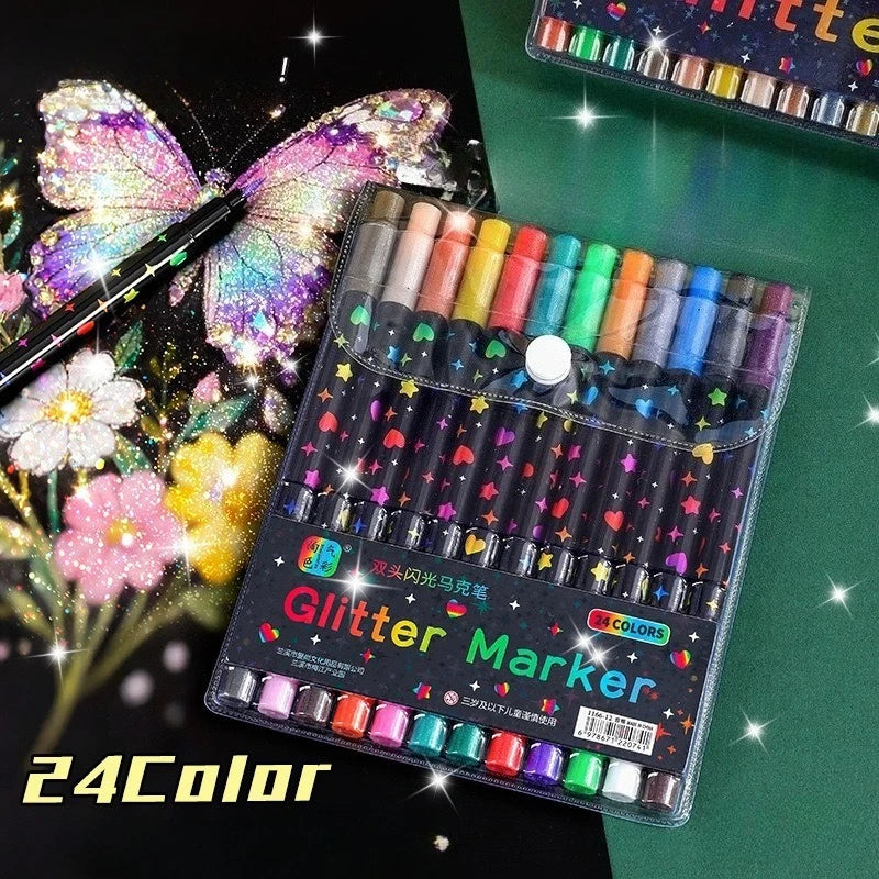 24 Colors Colorful Double-Ended Glitter Pens with Fast-Drying Glue-Like Ink - Fine Tip Tip-To-Base for Scrapbooking, Card Mak