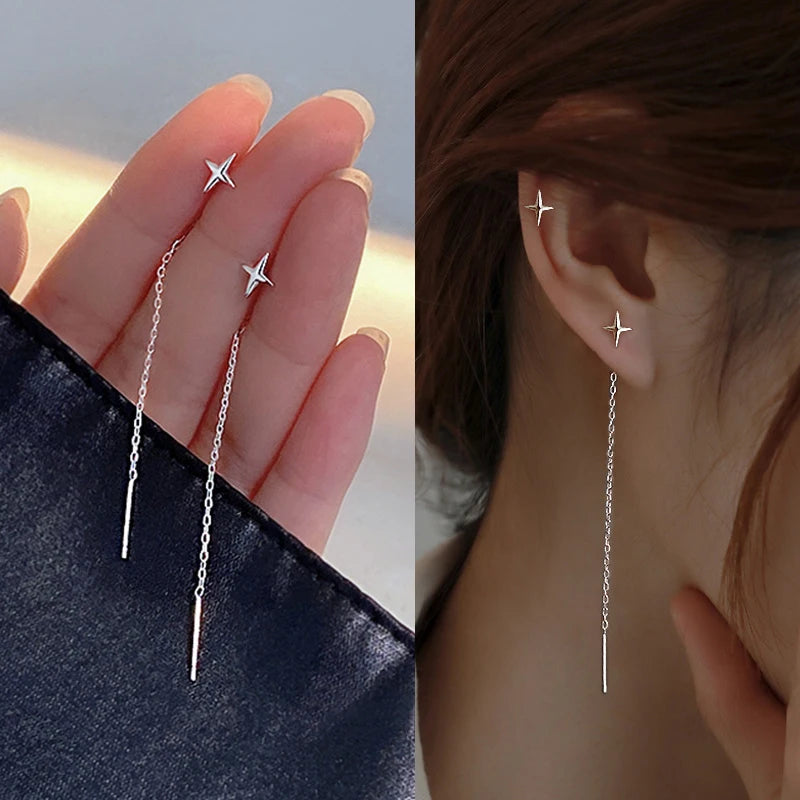Trendy Long Wire Tassel Thread Chain Climb Star Heart Beads Pendants Drop Earrings women's Straight Hanging Earings Jewelry -