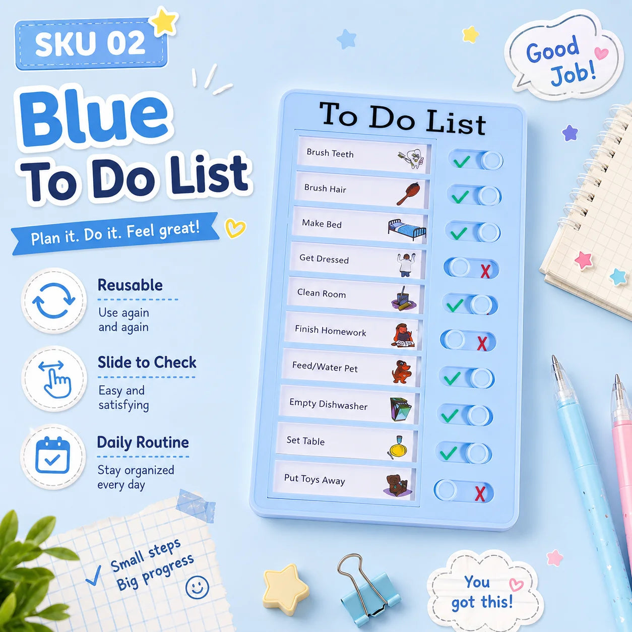 Self Discipline Checklist Board, Replaceable Plastic Chore Chart for Kids Adults, Summer Task Planner & Daily Habit Tracker -