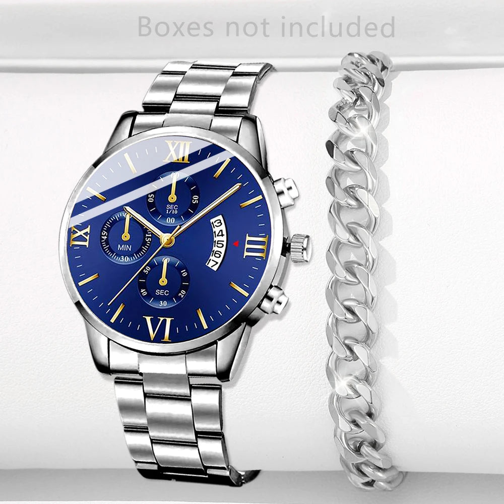 Fashion Men Stainless Steel Watch Luxury Calendar Quartz Wrist Watch Mens Business Watches for Man Clock Montre Homme - Blue