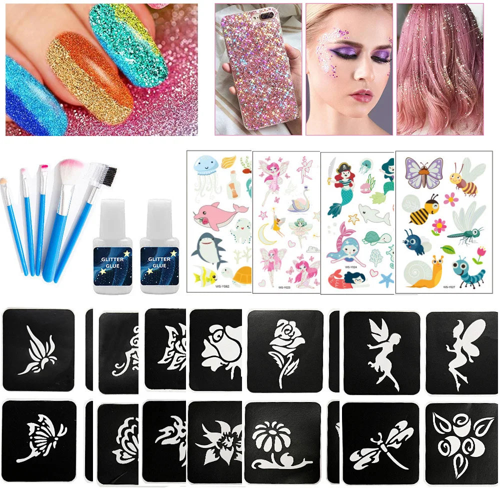 12 Color Temporary Glitter Tattoo Kit with 24 Stencils 4 Luminous Tattoo Stickers Arts Glitter Make Up Christmas Holiday Gift